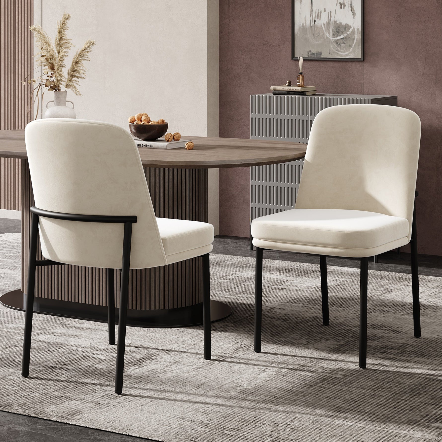 Dining Chairs Set of 4 Thickened Cushions Metal Legs Black Frame - Velvet Beige