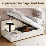 Upholstered Single Bed with USB Charger and Storage Bag, 90x200 cm, Beige Bouclé