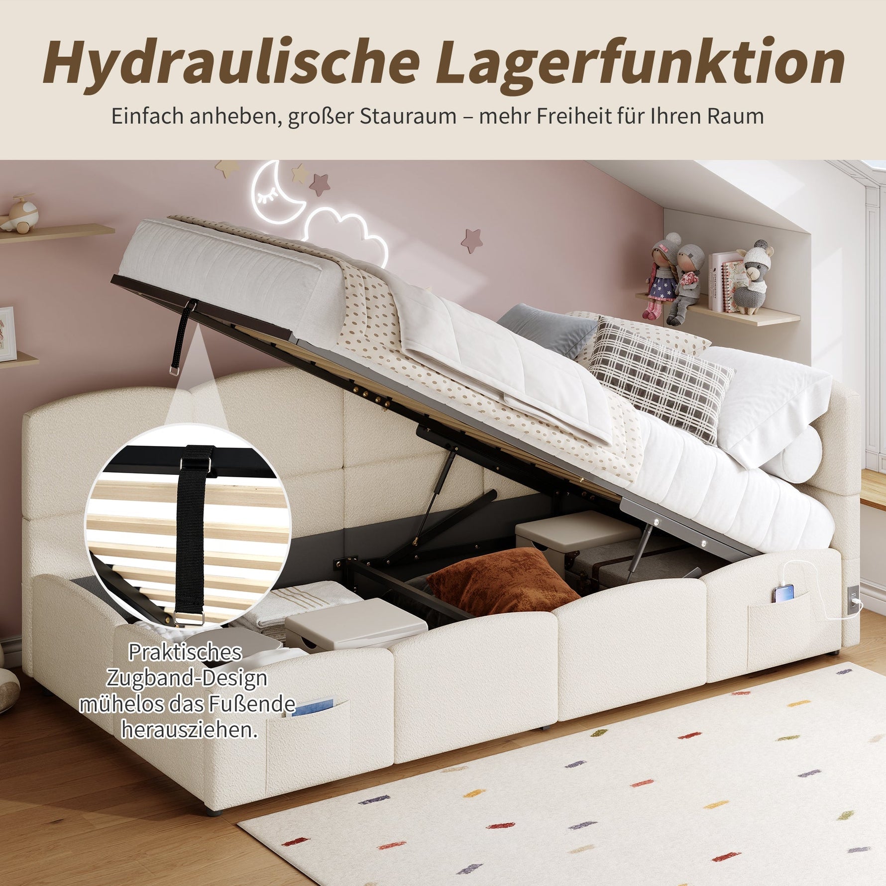 Upholstered Single Bed with USB Charger and Storage Bag, 90x200 cm, Beige Bouclé