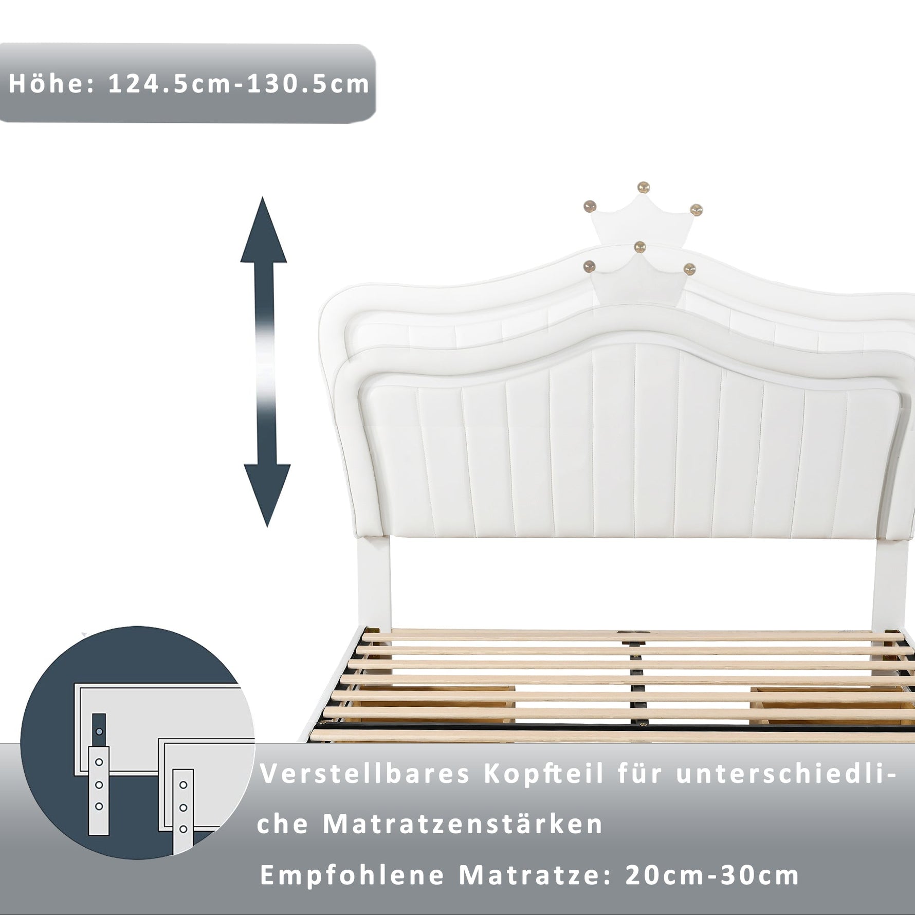 Children's Bed Upholstered with Storage Drawers & LED Lights, White PU Leather