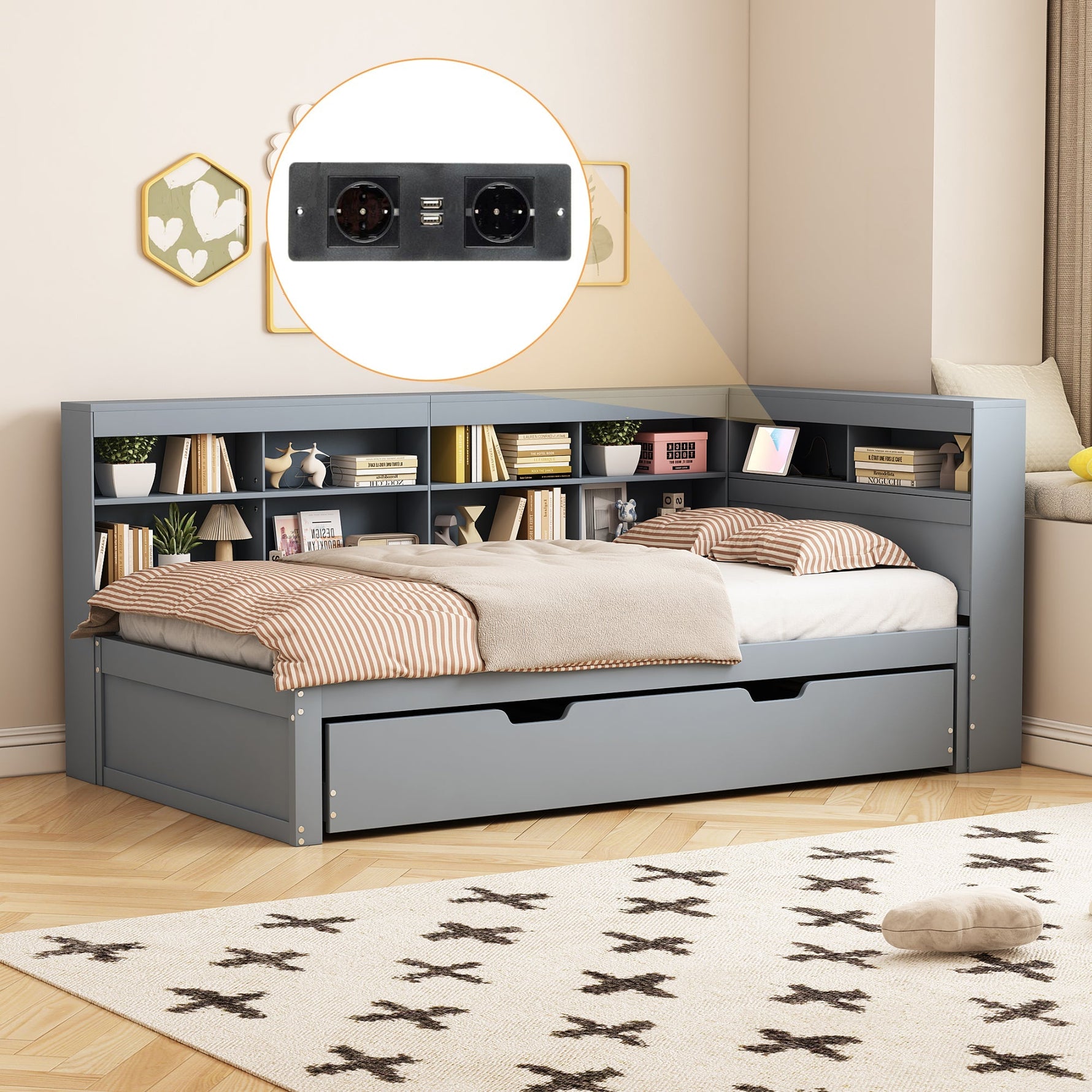 Sofa Bed with USB Socket & Storage, Solid Wood, Gray