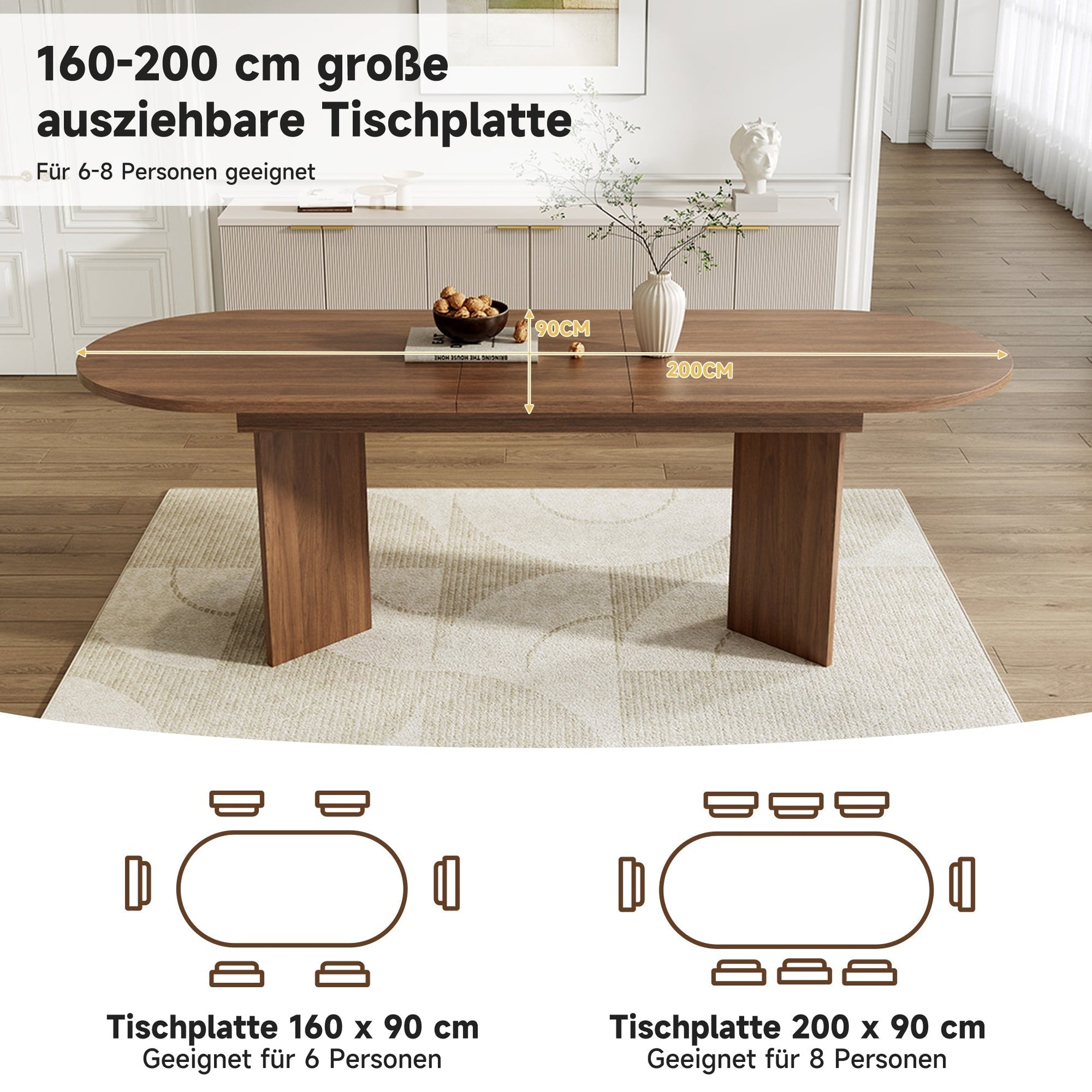 Extendable Dining Table, 160/200x90cm, for 6-8 People, Rounded Corners and Thickened Tabletop, Walnut