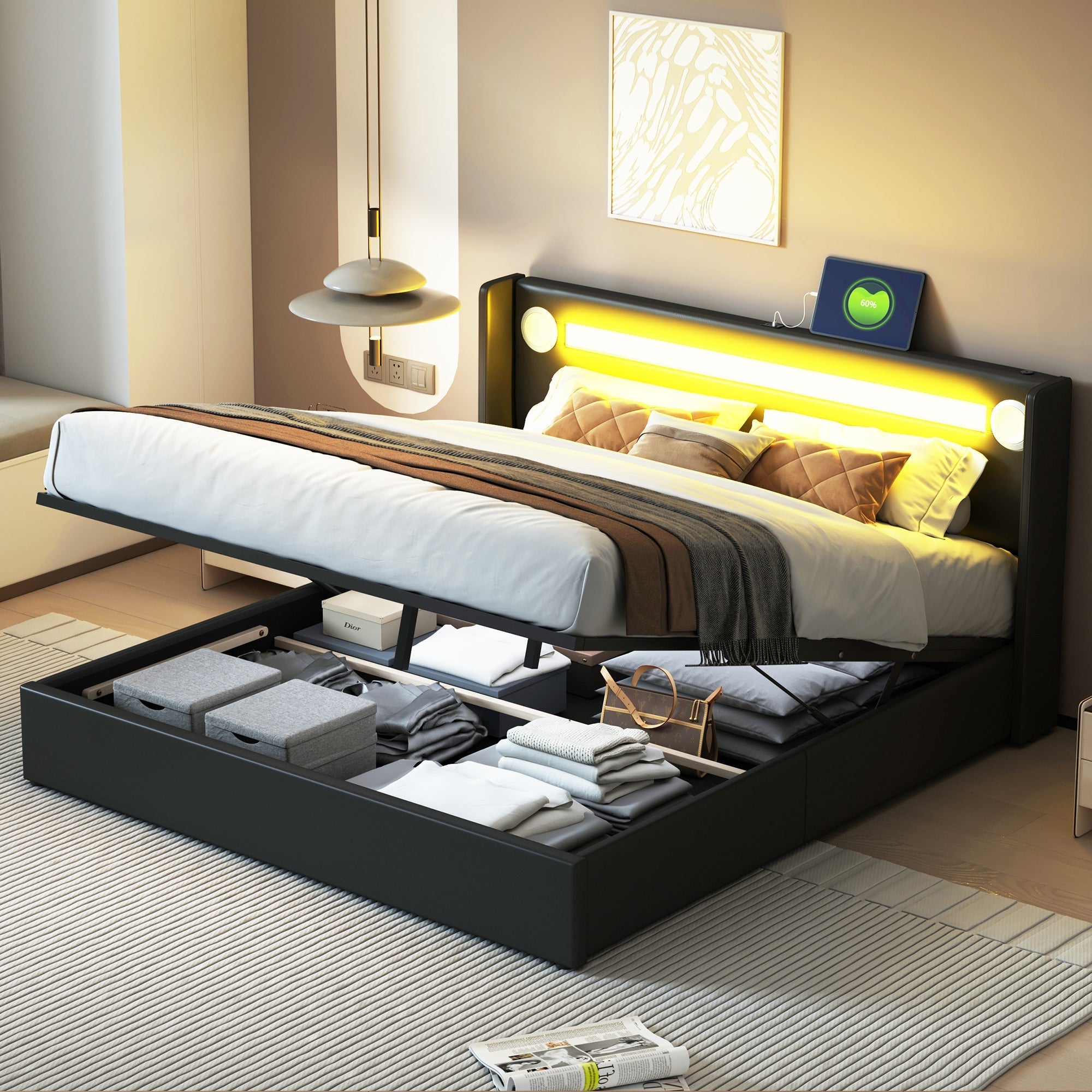 Upholstered Bed, 160x200cm LED & Bluetooth Storage, Black PU Leather