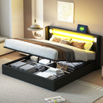 Upholstered Bed, 160x200cm LED & Bluetooth Storage, Black PU Leather