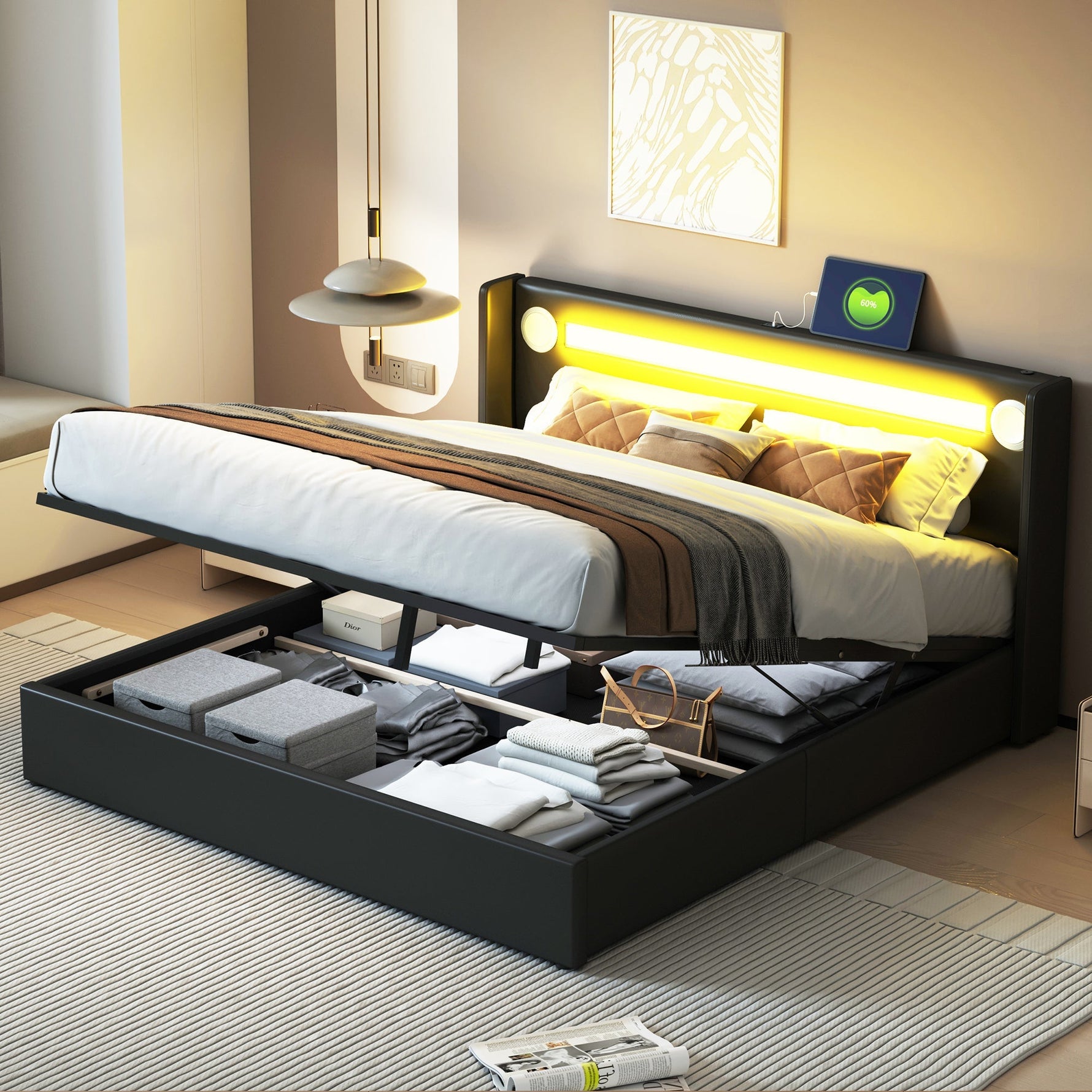 Upholstered Bed, 160x200cm LED & Bluetooth Storage, Black PU Leather