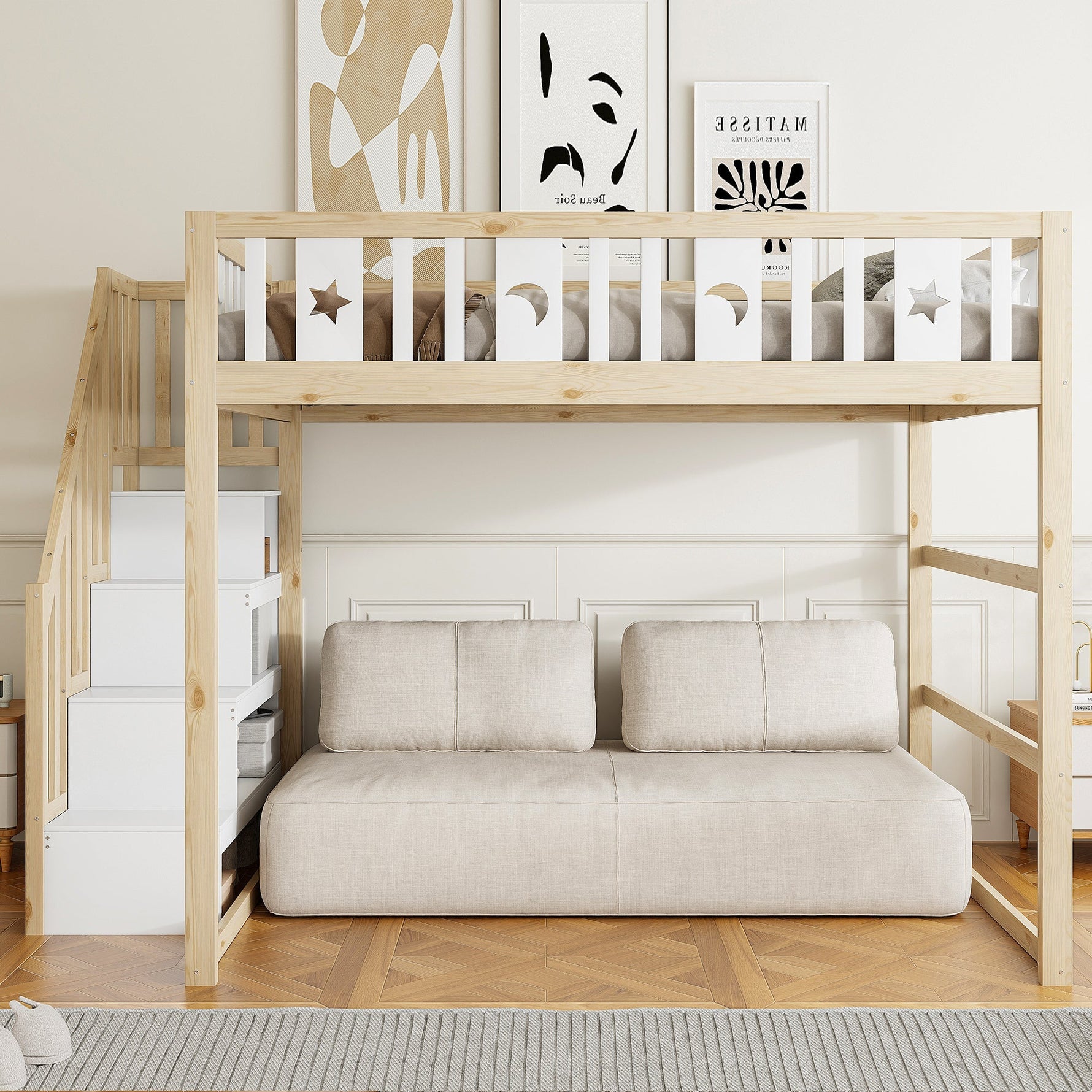 Children's Loft Bed 140x200 with Stairs Safety Railing Star & Moon Decor Solid Wood