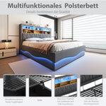 Upholstered Bed 140x200 Hydraulic Storage LED/USB Slatted Frame, Linen Grey