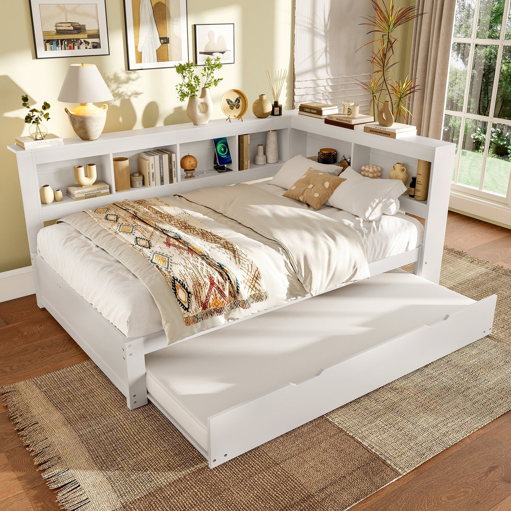 Daybed 140x200cm Pull-out Bed Power Outlet 2 USB - White Chipboard