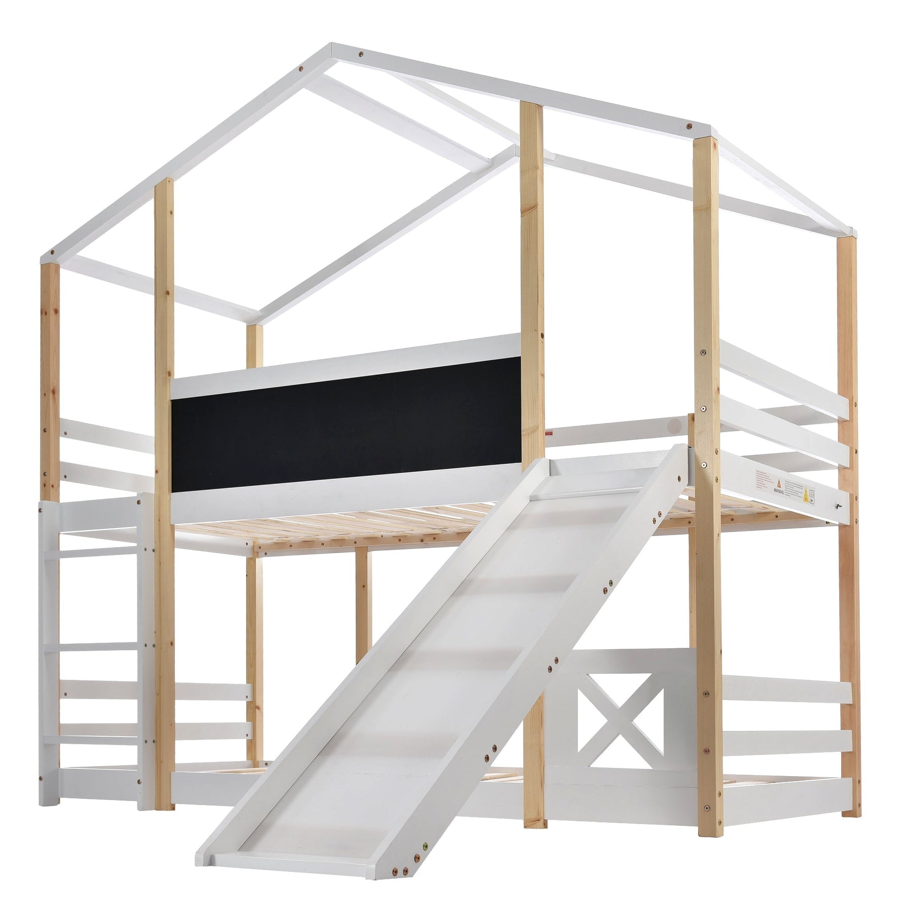 Children's Bed Tree House, Loft Bed with Slide & Ladder, 90x200cm, Natural & White
