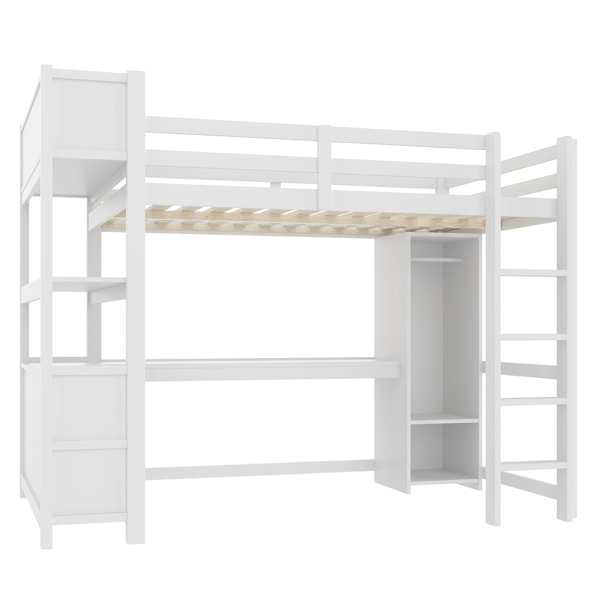 Loft Bed 140x200cm, Shelves, Desk, Wardrobe, White