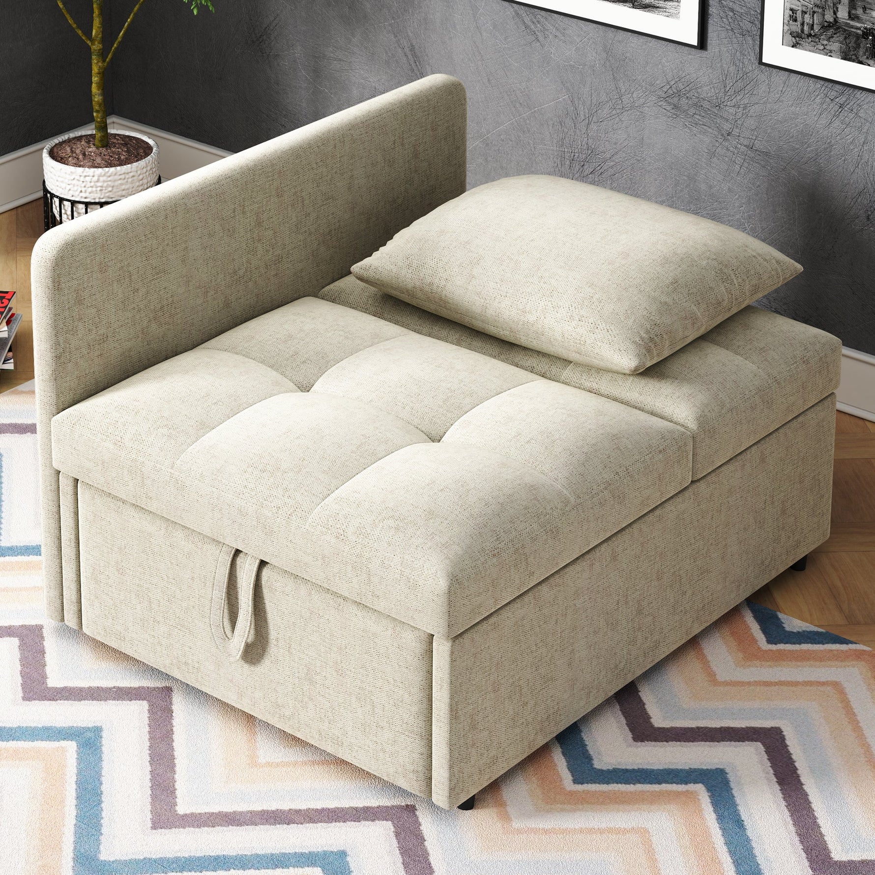 3-in-1 Multifunctional Sofa Bed, Space-Saving Sleeper with Linen Fabric, Grey/Beige