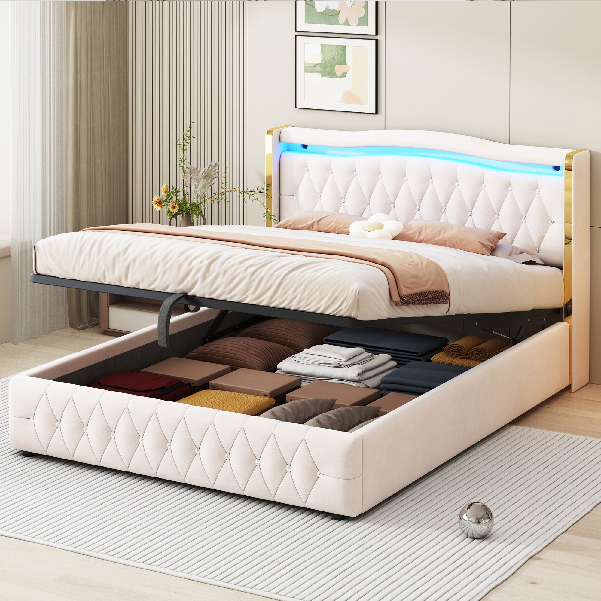 Upholstered Bed 160x200cm, LED Lighting, Hydraulic Storage, Velvet Fabric Beige