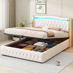 Upholstered Bed 160x200cm, LED Lighting, Hydraulic Storage, Velvet Fabric Beige