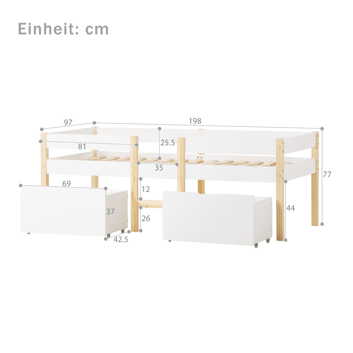 Children's Bed with Drawer & Fall Protection, 90x190cm, Solid Pine Wood, White & Oak