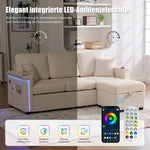 Velvet Sofa, LED USB-C Storage Footrest Cup Holders, Beige