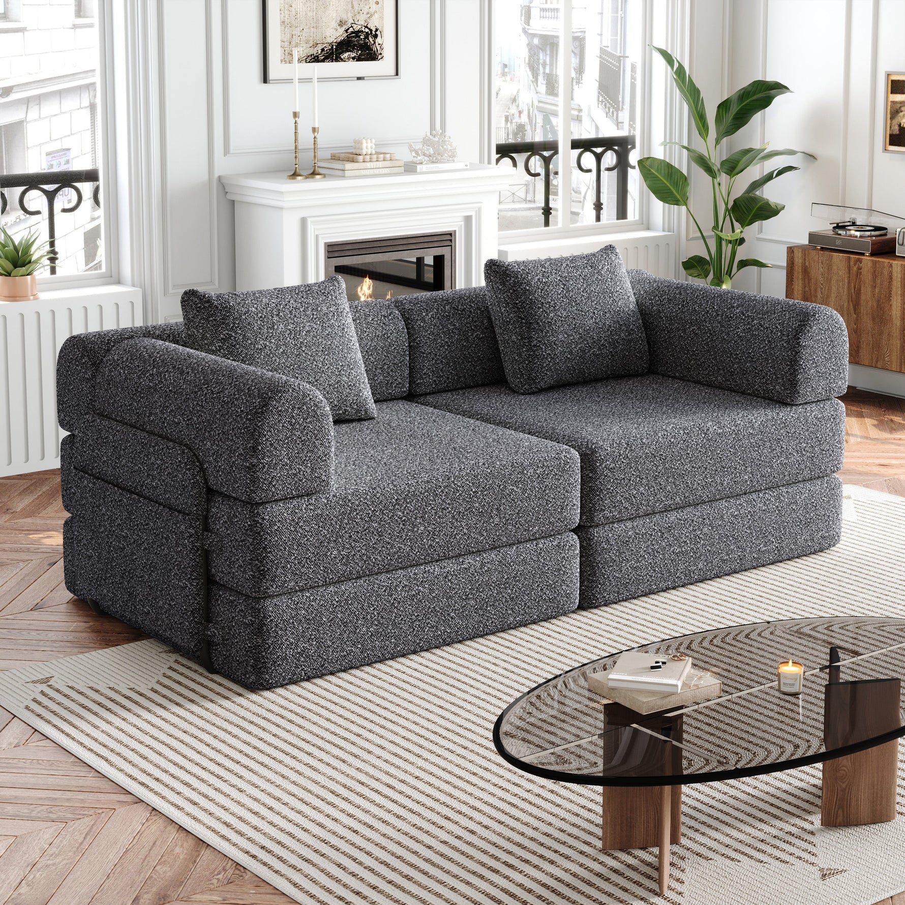 Chenille 2-in-1 Sleeper Sofa with Armrest Storage and Metal Frame, Multiple Configurations, Gray Chenille