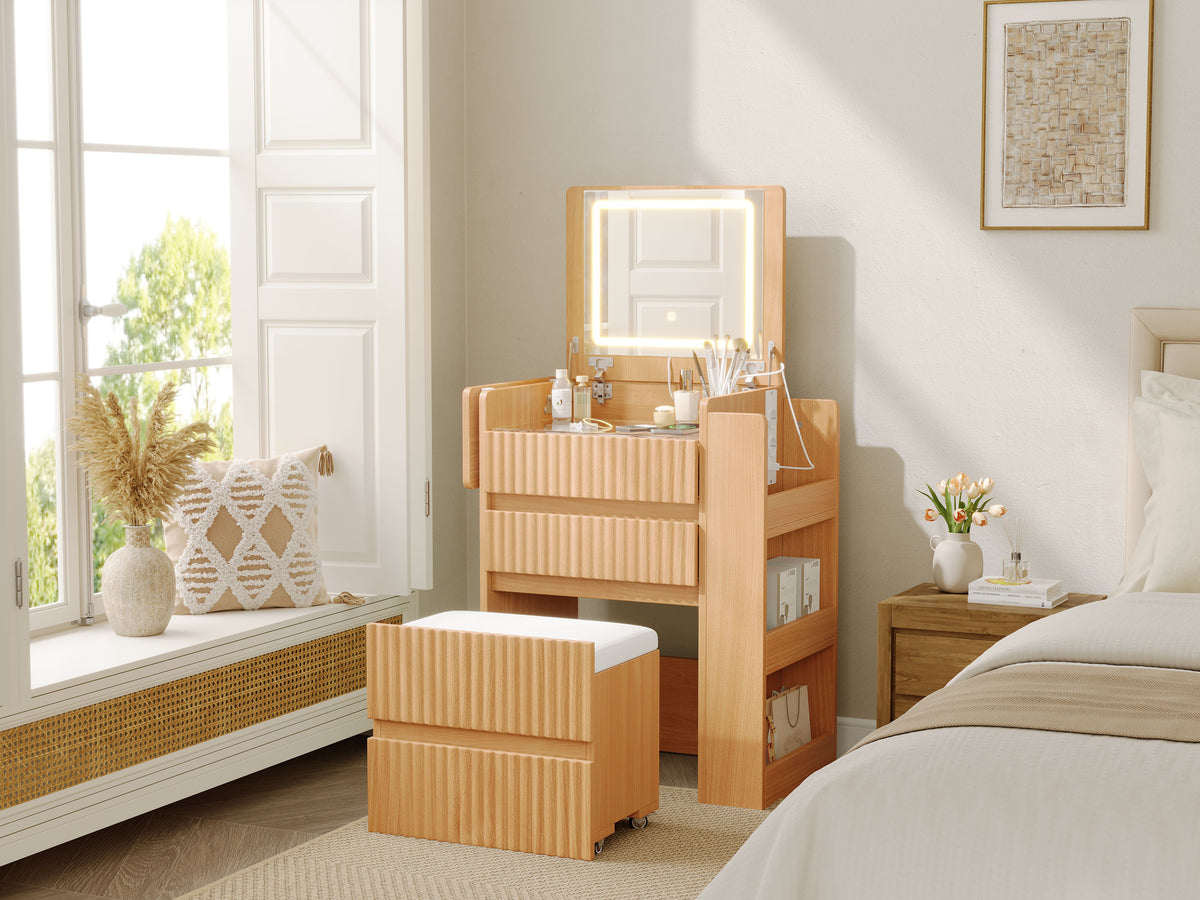 Small Vanity Table Set with LED Mirror & Power Outlets