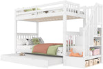 Bunk Bed with Stair Shelf and Pull-out Trundle Bed, 90x200cm, White