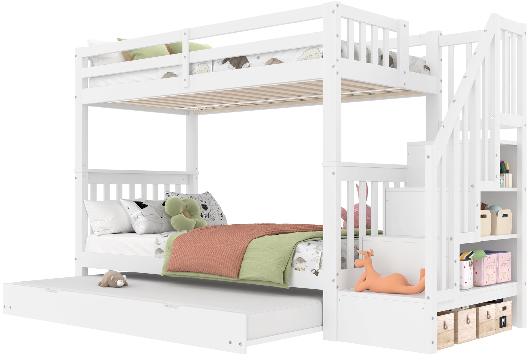 Bunk Bed with Stair Shelf and Pull-out Trundle Bed, 90x200cm, White