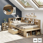 Multifunctional Children's Storage Bed with Nightstands, Shelves and Wireless Charging, Natural