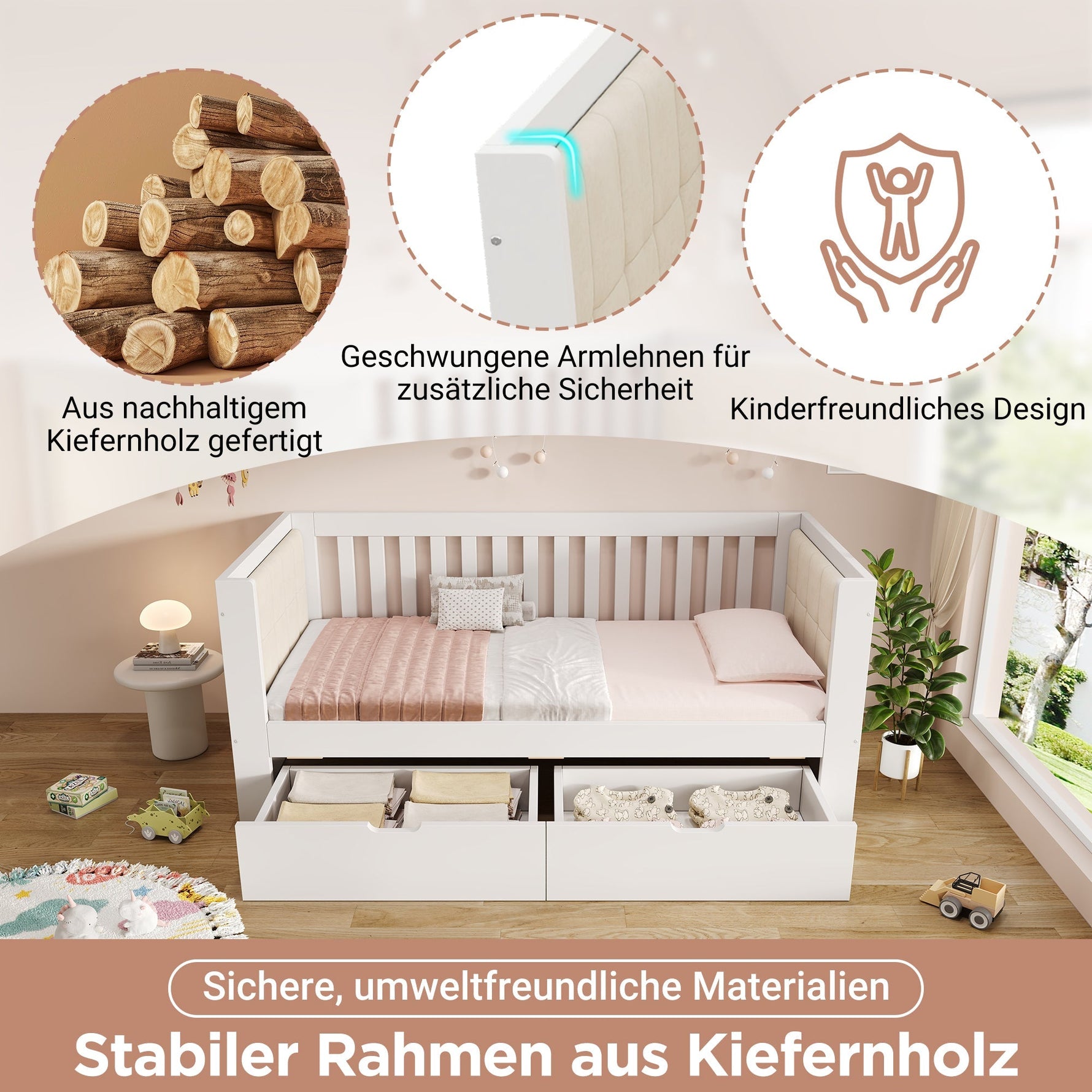 Sofa Bed with 2 Drawers and Rounded Armrests, 90x200cm, White Wood