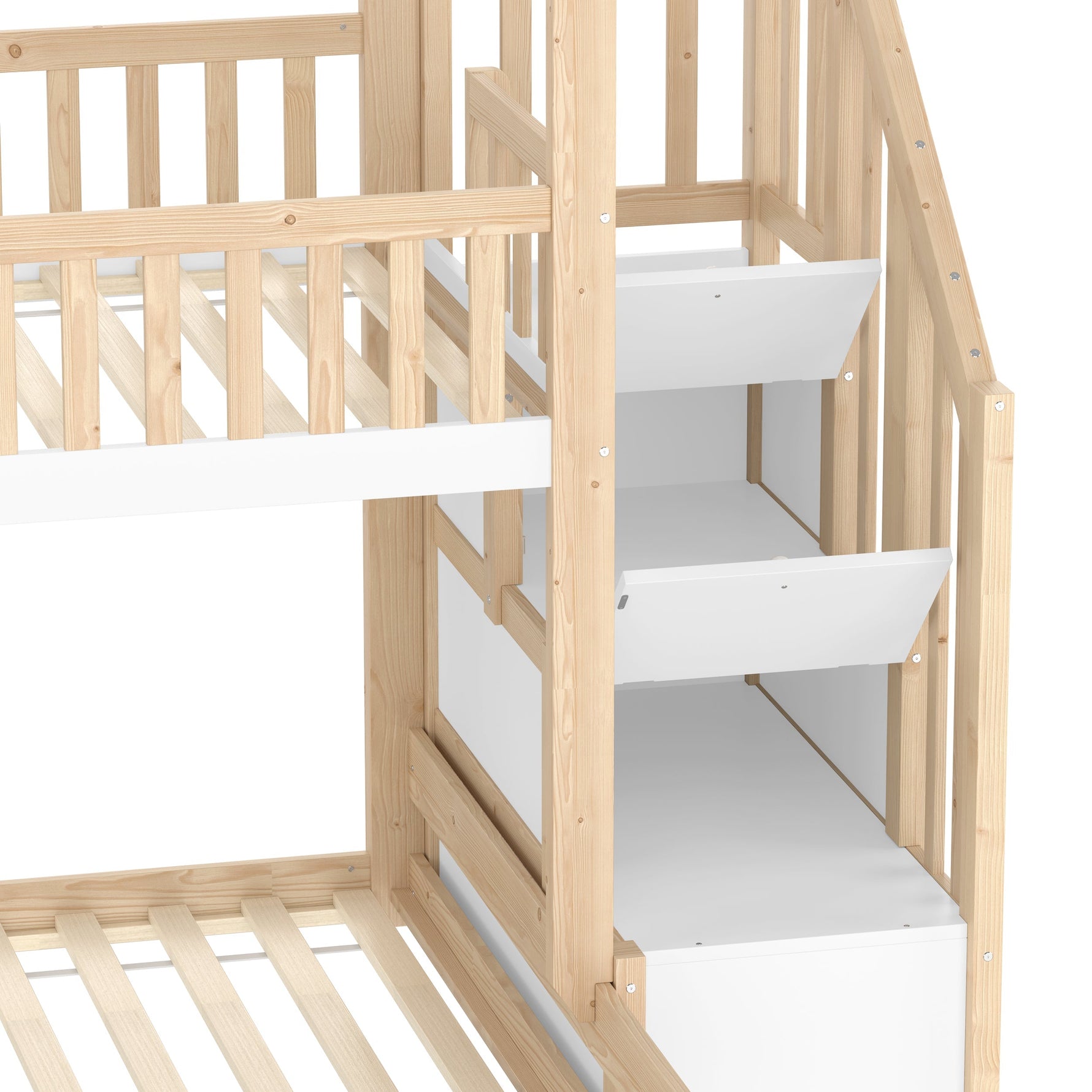 Bunk Bed with Storage Ladder and House Railing, 90x200cm and 140x200cm, Natural and White