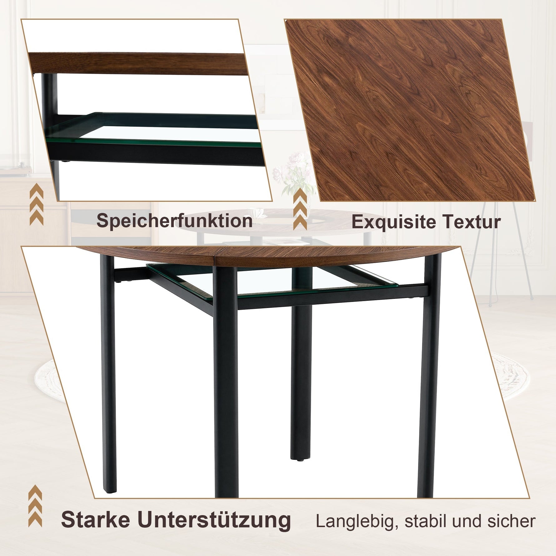Round Table Set, Modern Minimalist 100cm with Storage and 4 Chairs, Brown Wood Look/Warm Grey PU