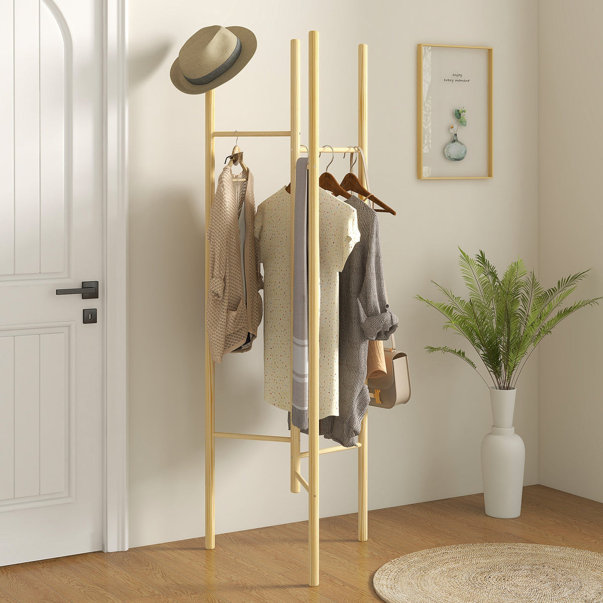 Coat Rack, 6 Hanging Rods, Solid Wood, Natural