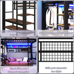 Loft Bed with Storage, Net, Clothes Rail and LED Light Strip, Iron Frame, Black