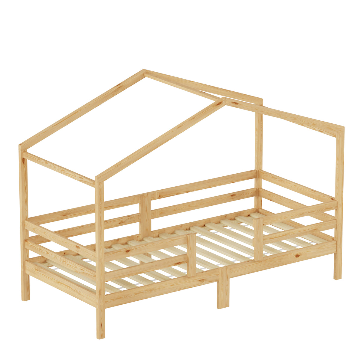 Children's House Bed 90x200cm Roof Design, Natural Solid Pine