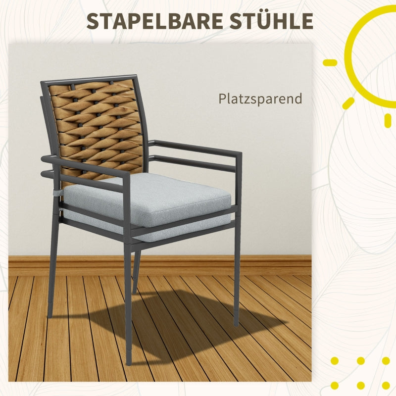 Rattan Garden Chairs, Set of 2, Stackable with Cushions, Grey Steel