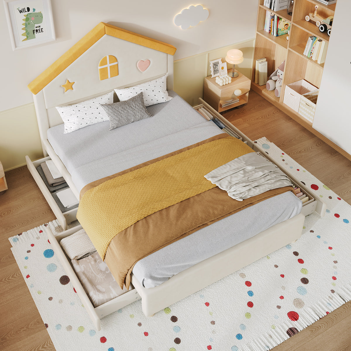 House Bed 140x200cm Upholstered Bed with 4 Drawers, Velvet Beige