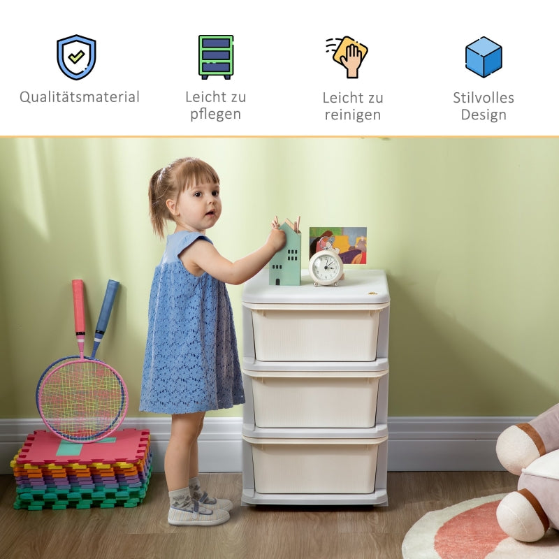 Children's Storage Boxes, 3 Large Drawers, Cream White Plastic