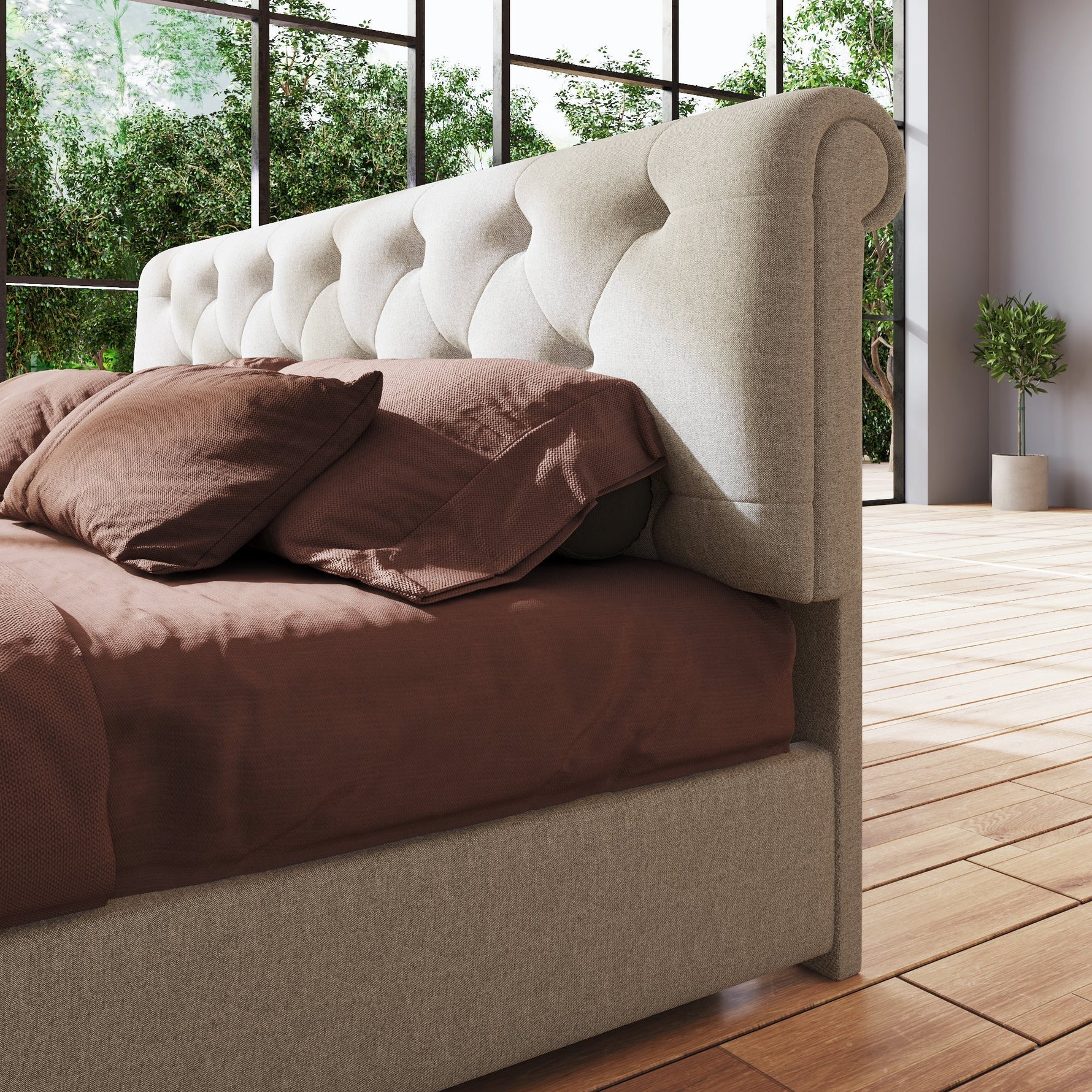 Hydraulic Double Bed, 160x200cm Adjustable Headboard with Storage, Natural Wood