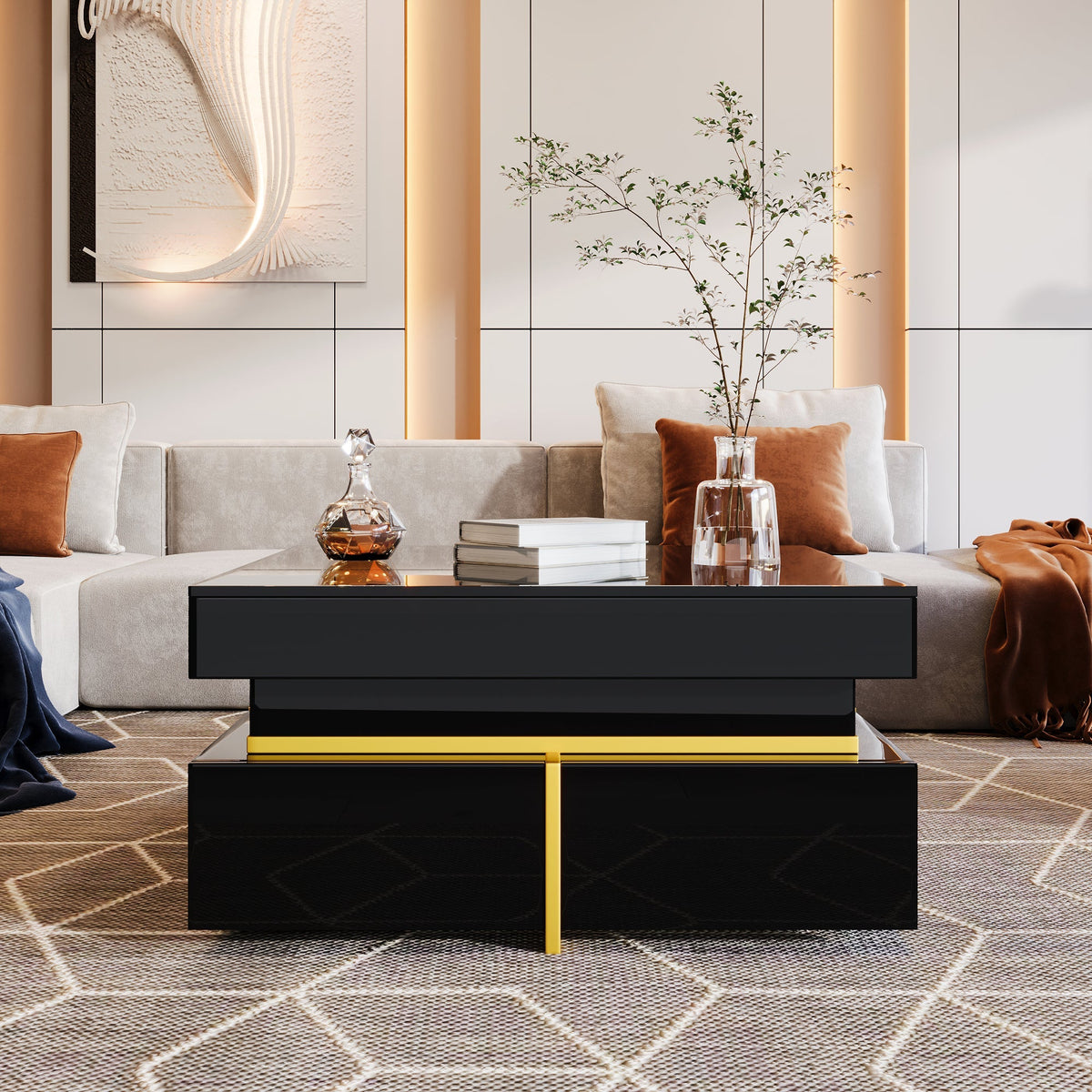 Coffee Table with Drawers, High-Gloss, Gold Accents