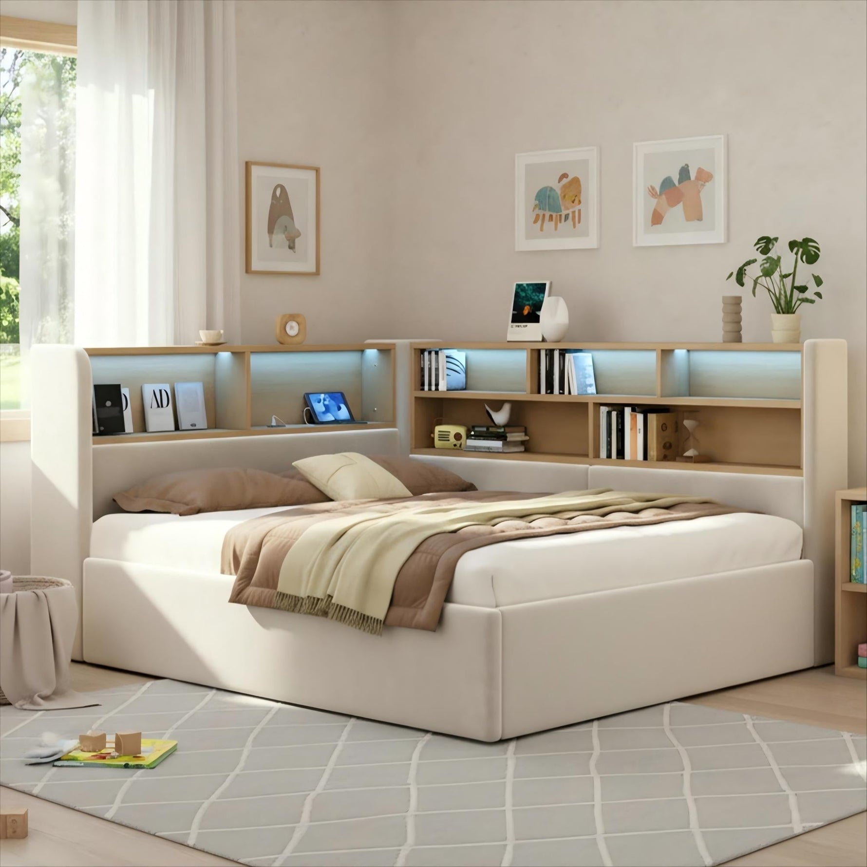 Daybed with Hydraulic Storage, LED, USB and Backrest, 140x190cm, Beige Velvet