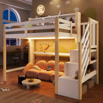 Loft Bed 90x200cm with LED Lights & Storage Ladder, White+Natural