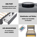 Upholstered Bed 90x200cm USB/Wireless Charging LED Lights 4 Drawers PU Lychee Pattern Grey