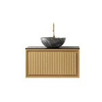 Wall-Hung Bathroom Sink 61cm Black Ceramic Bowl Sintered Stone Top Drawer - Corolla Oak