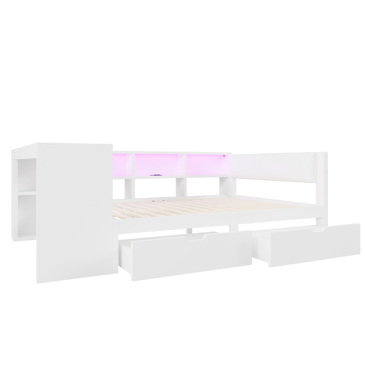 Platform Bed 140x200 with Shelves, Drawers & LED, White Wood