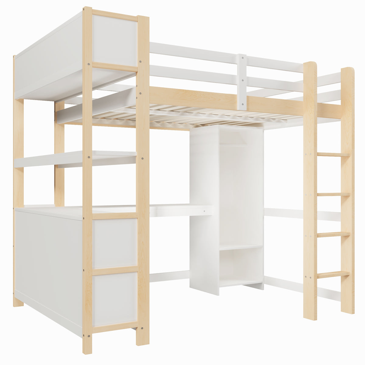 Loft Bed 140x200cm with Storage, Desk & Wardrobe, Natural