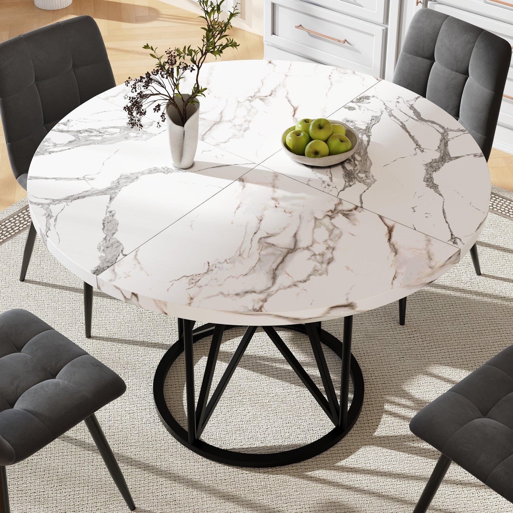 Round Dining Table 100cm 4-6 Seater Metal Geometric Legs - Black