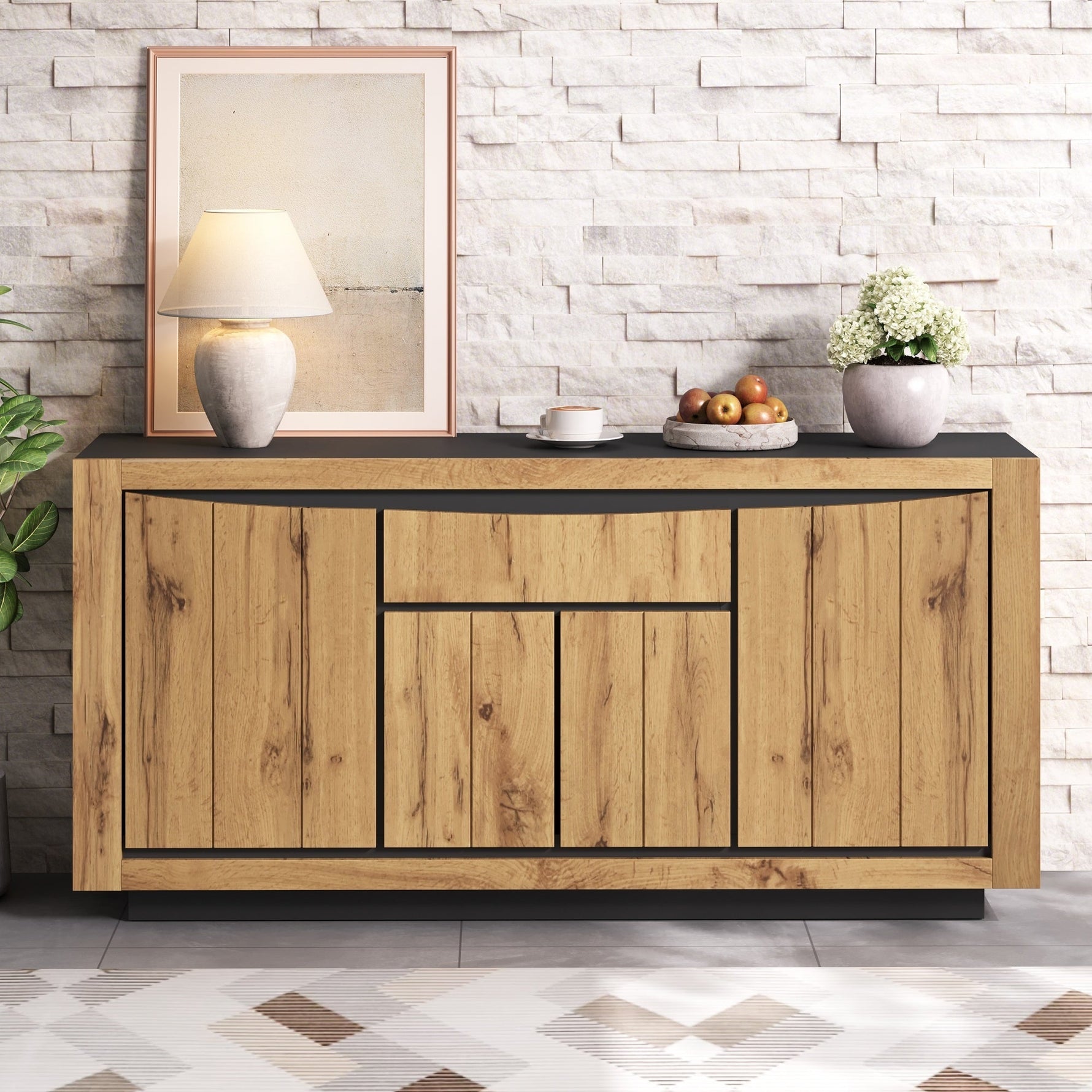 Sideboard 140x52cm 4 Doors 1 Drawer Handleless Storage Wood/Black