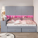 Multifunctional Bed 90x200cm with Desk, Storage & LED, Grey Wood