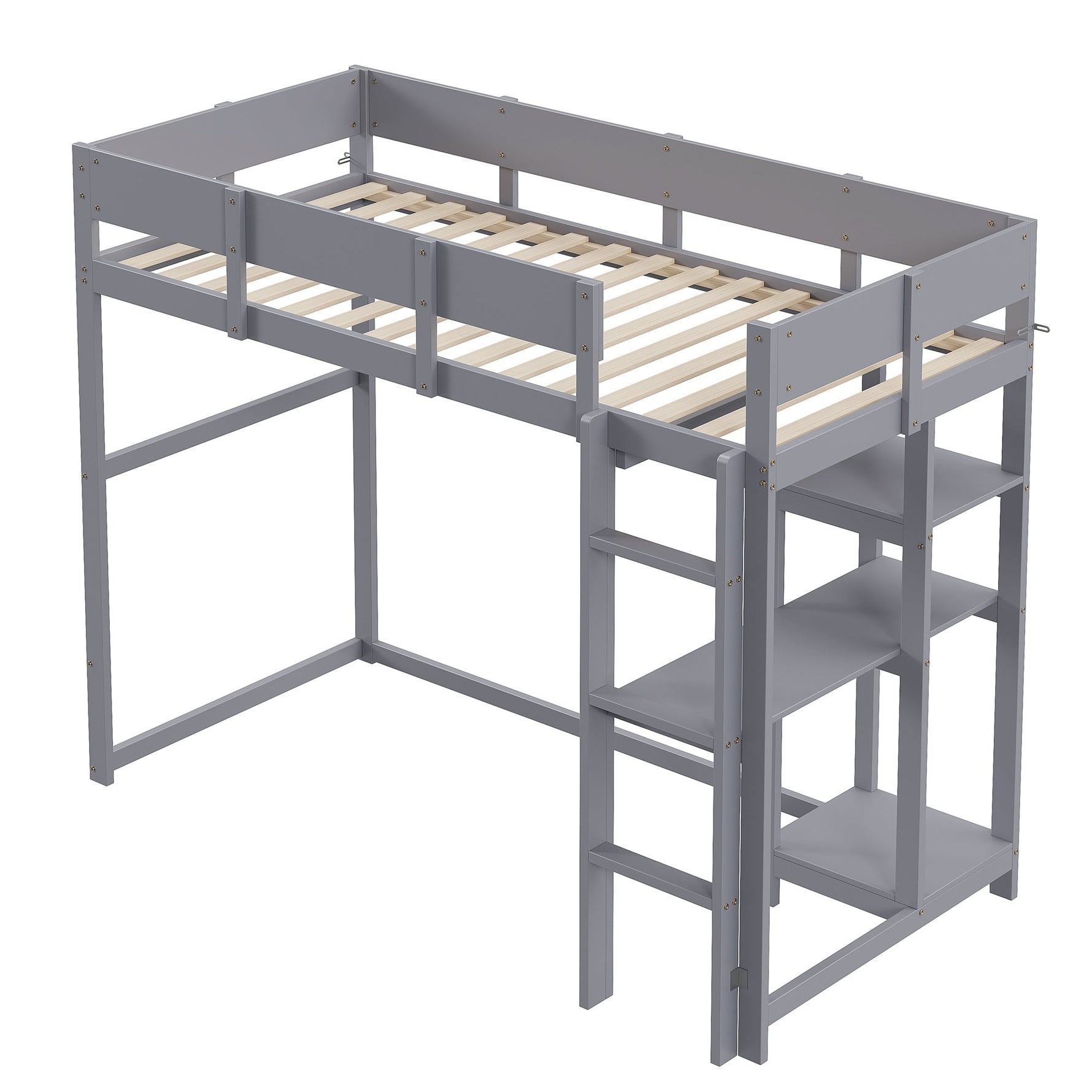Loft Bed with Storage and Slatted Base, 90x200cm, Grey Pine Wood