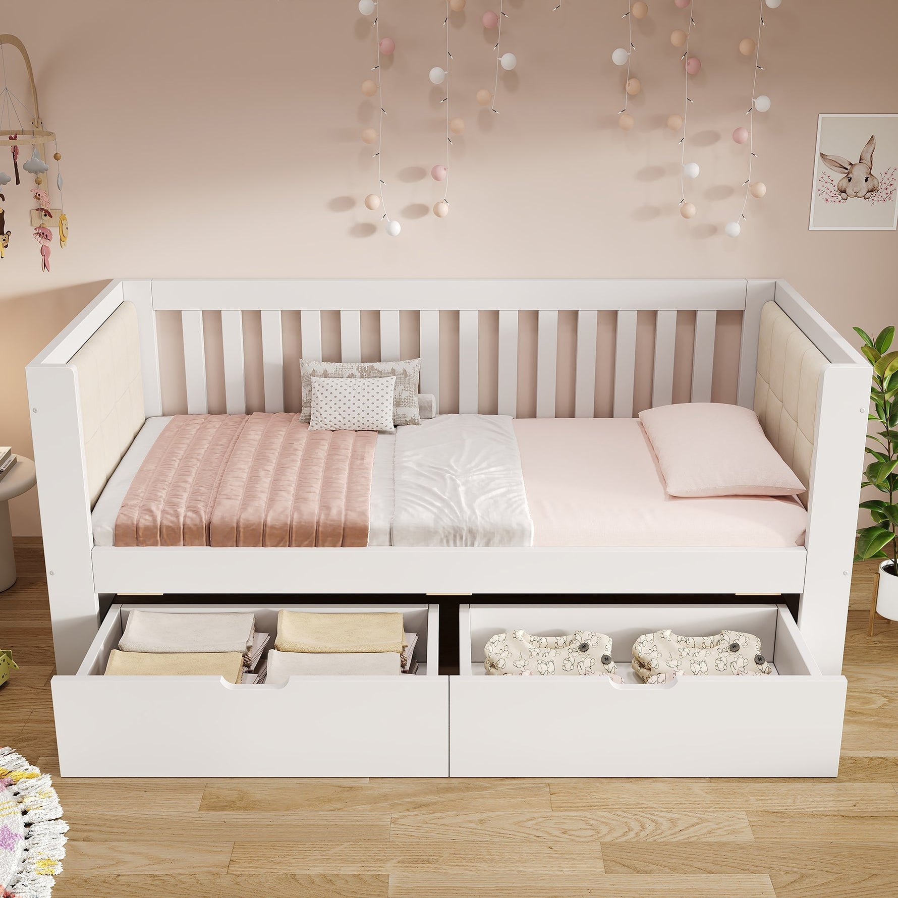 Sofa Bed with 2 Drawers and Rounded Armrests, 90x190cm, White Wood