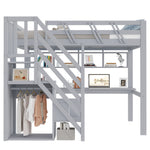 Solid Wood Loft Bed 140x200 with Desk, Storage & LED, Grey