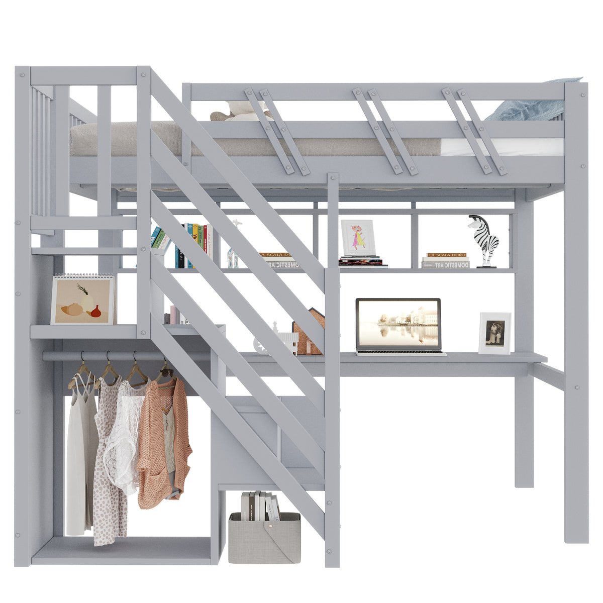 Solid Wood Loft Bed 140x200 with Desk, Storage & LED, Grey