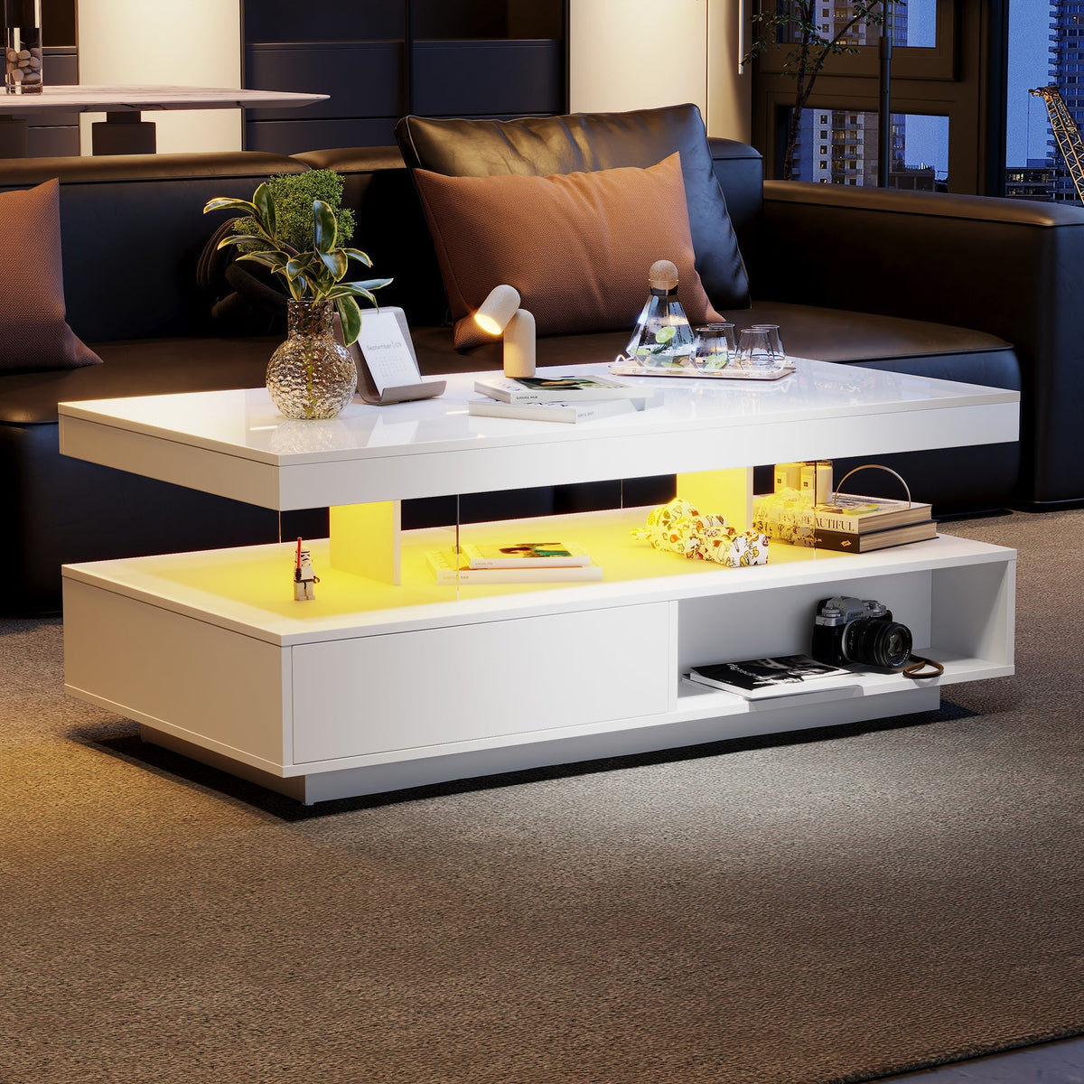 Coffee Table 95x50x42.5 cm with 4 Glass Tops, 2 Drawers, 2 Open Compartments, White High-Gloss