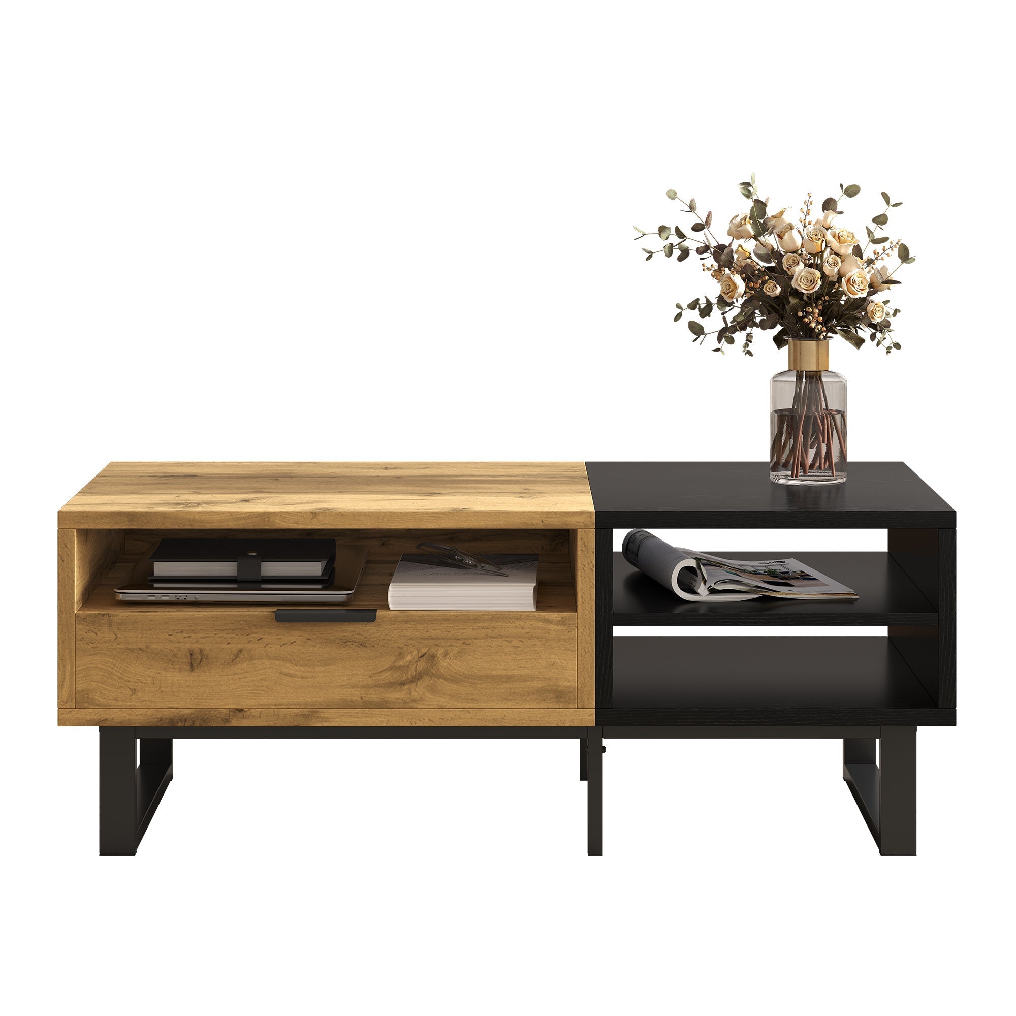Coffee Table with Color Block, Compartments, Drawers, Metal Legs
